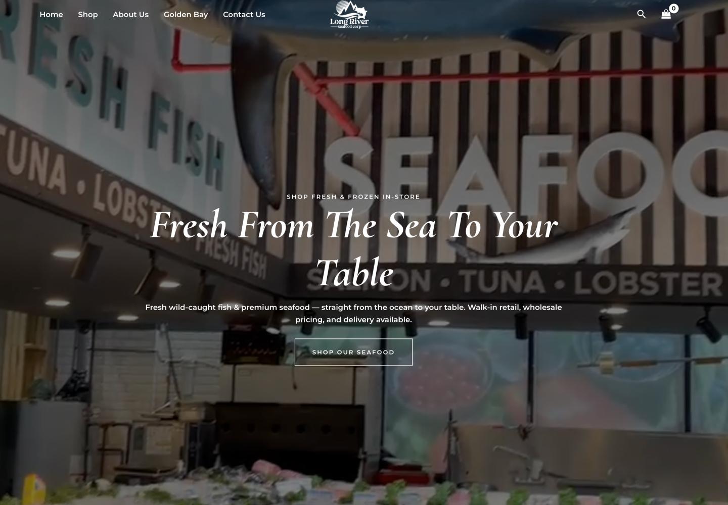 Long River Seafood homepage showing the new business identity and seafood store imagery.